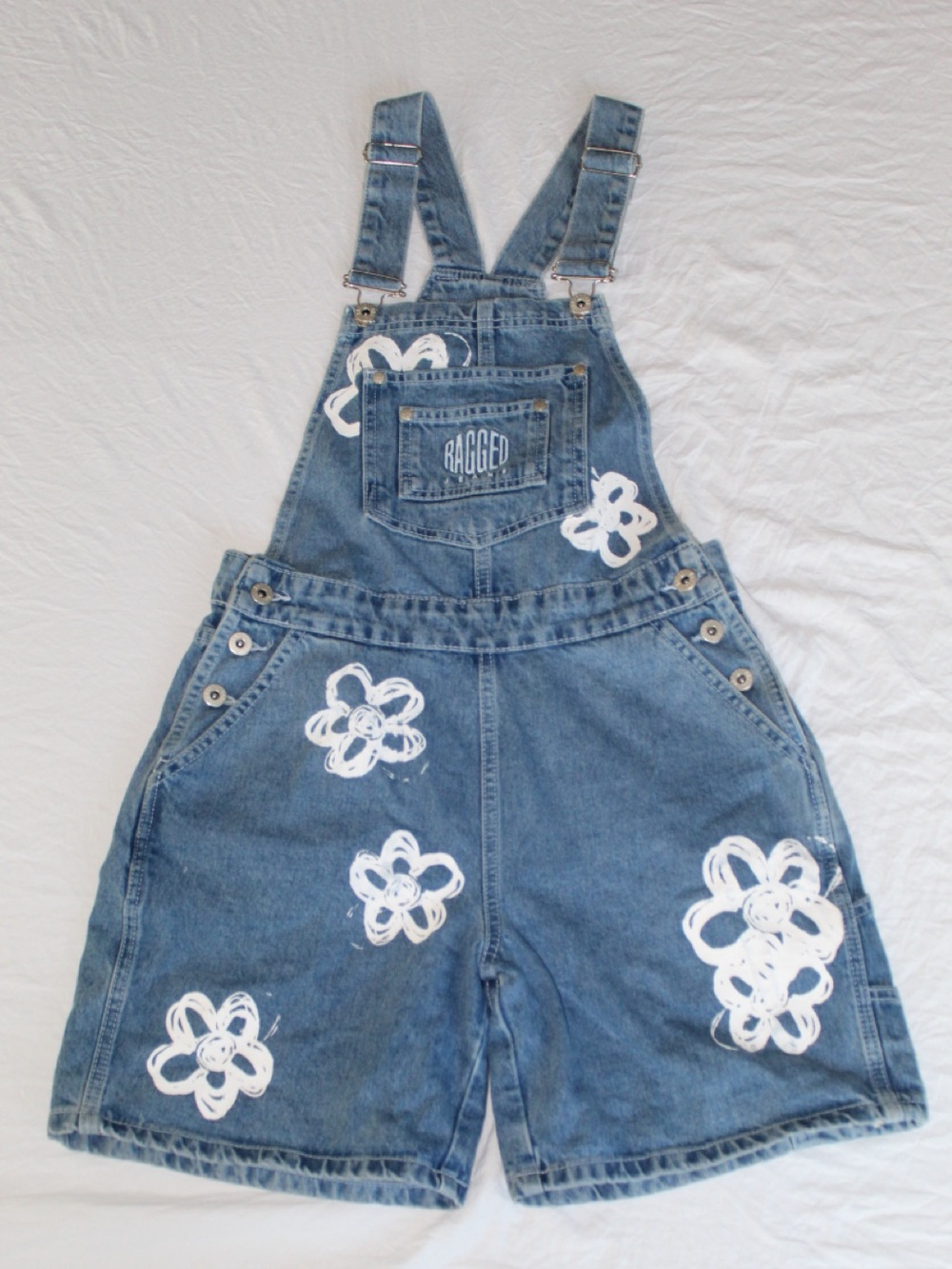 Ragged Blue Denim Floral Patch Short Overalls - Women's Shorts
